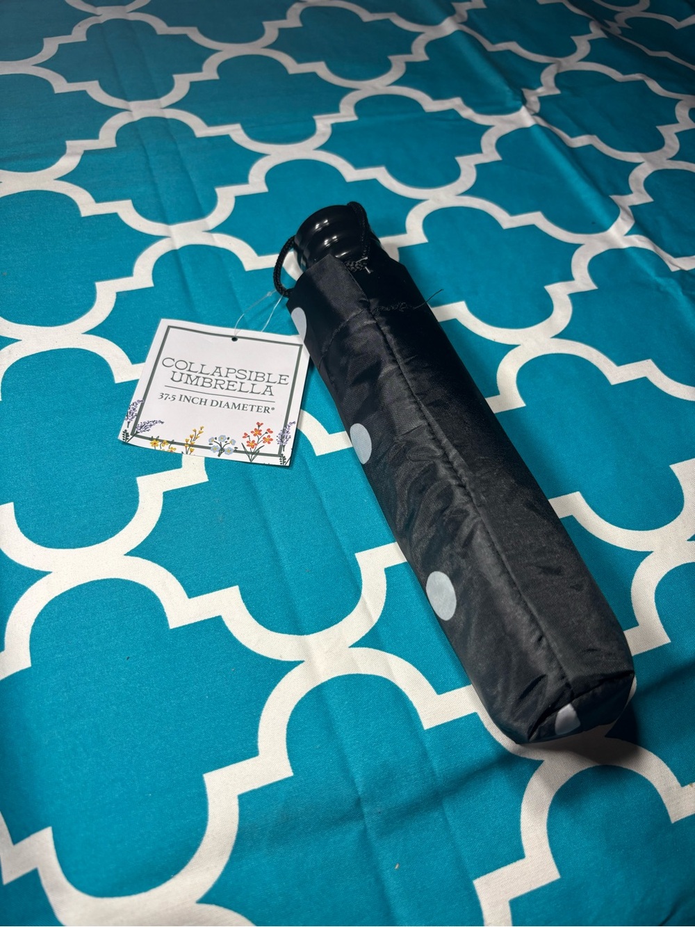 New Collapsible Umbrella - 37.5” Diameter White Polka Dots